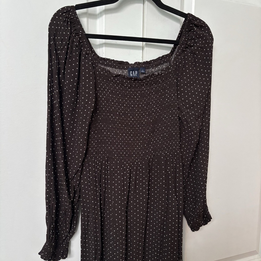 Gap Smocked Midi Dress Womens S‎ Brown Polka Dot Coquette Cottagecore - Picture 3 of 10